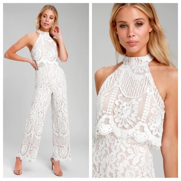 Lulus Pants - Lulu’s Britney White Lace Halter Jumpsuit Size M